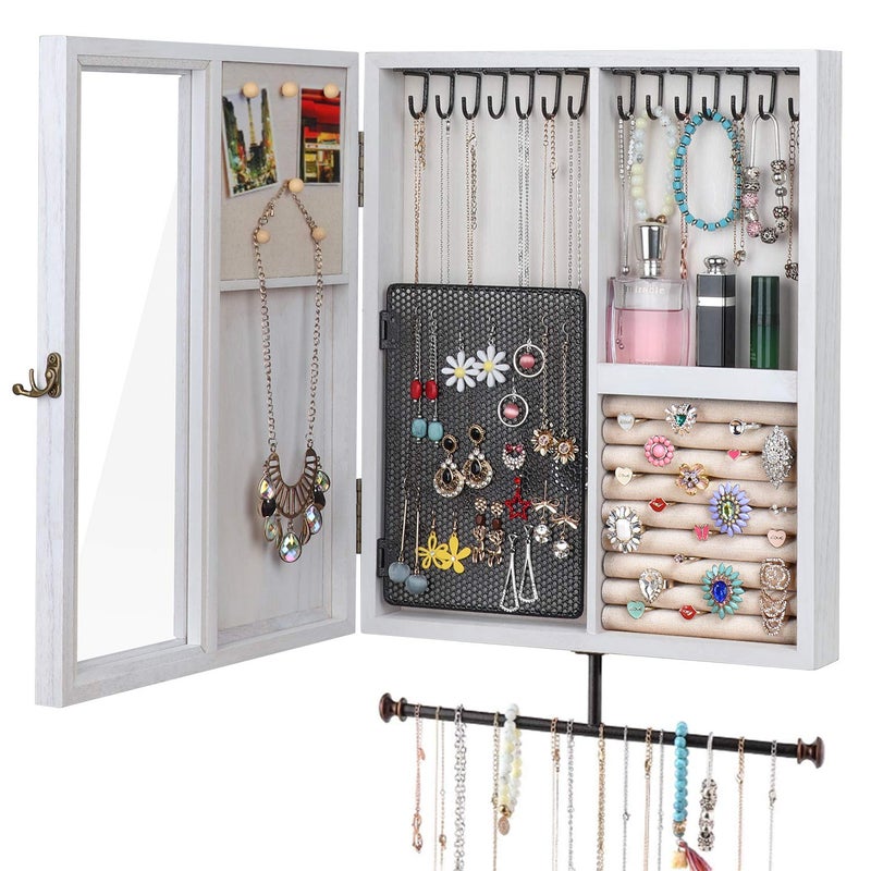 Keebofly Wall Mounted Jewelry Organizer With Rustic Wood Large Space Jewelry Cabinet, Holder, Storage Box for Necklaces, Earrings, Bracelets, Ring Holder, and Accessories White - Image 1